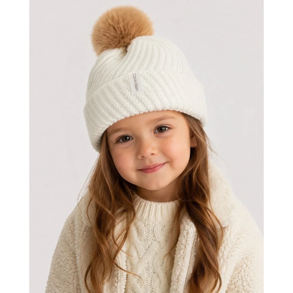 Calvin Klein Kids Cream White Cable Knit Beanie Faux Fur Pom Pom Hat A4KH7678